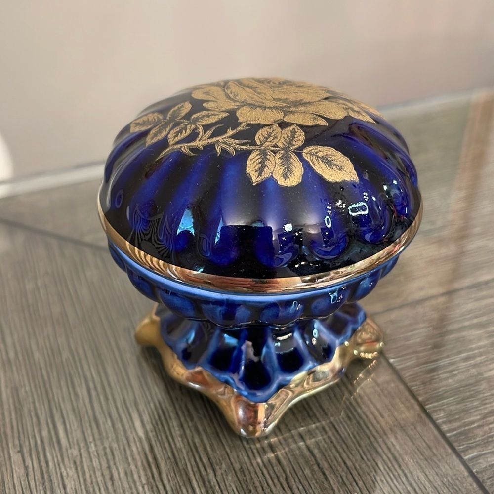 Vintage Cobalt Blue & Gold Footed Trinket Box